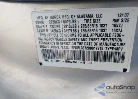 2008 Honda Odyssey Ex-L from USA, damaged, VIN 5FNRL38728B017915